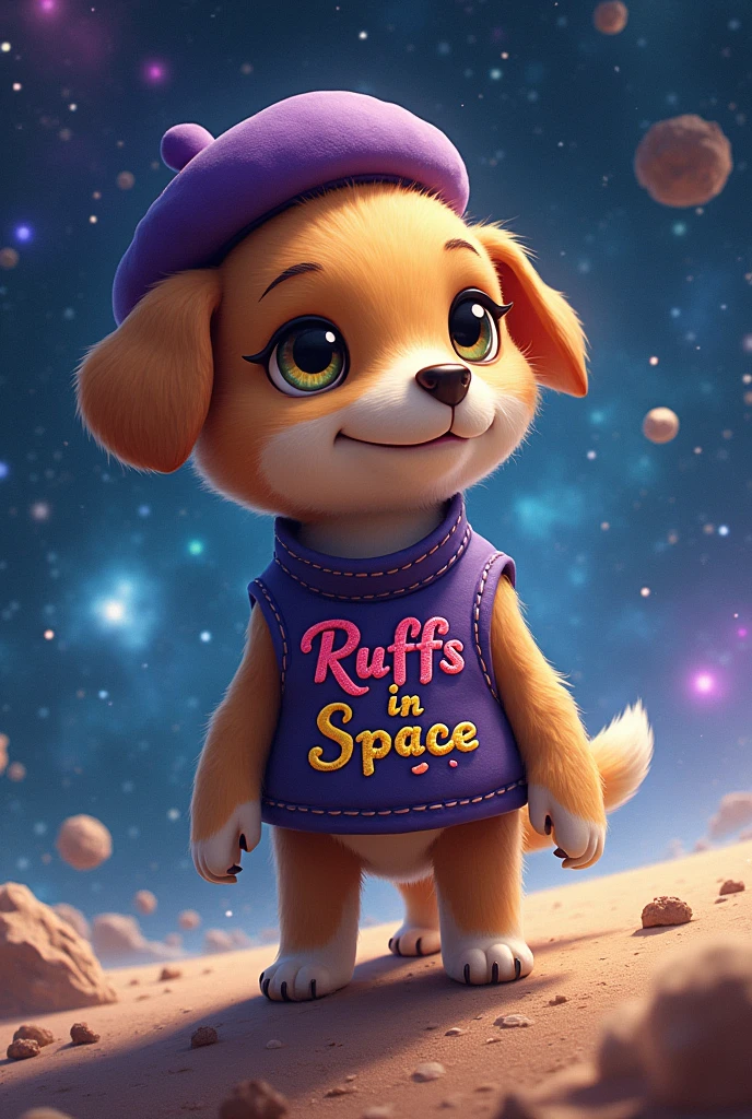 An alien made of a dog nanny with a purple beret and a vest that says ruffs in space 