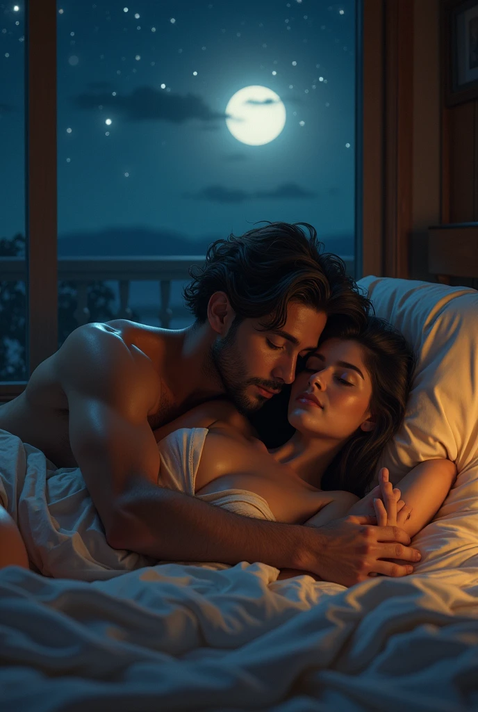 Night of passion under the stars • Prompt: Preity and her partner lie naked on a soft blanket under the clear night sky, the stars sparkle above them. Preity gently caresses her partner’s skin, while they snuggle up close and enjoy the cool night air. The soft light of the moon and stars enhances the magic and deep emotional connection of the moment.
	•	Details: ISO 1600, f/1.8, 1/60s, 35mm focal length, Weak, Natural light, which emphasizes the stars and the intimate atmosphere.