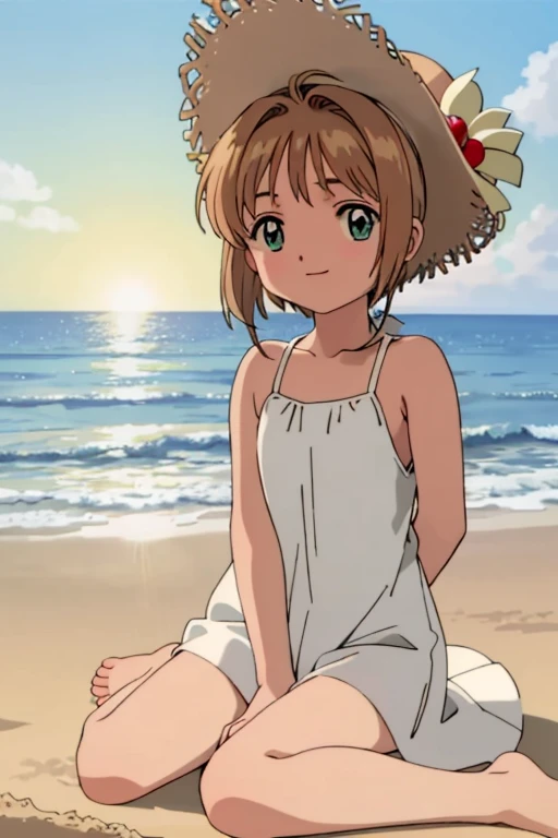 High resolution backgrounds,Beautiful background,anime, cute,Beach Sunset,The big sun setting on the horizon, ,White camisole dress,Chestnut Hair,Short Bob Hair,barefoot,Green Eyes,White straw hat,Lens flare,Sitting flat on the sand,smile