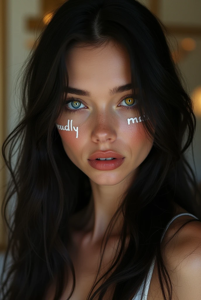 The beautiful 1 French fashion model has heterochromatic eyes.、The right eye is yellow and the left eye is blue.、On the right cheek of the face「Madly」It is written in white、Beautiful straight long hair、 With seductive eyes, Indoors、French setting