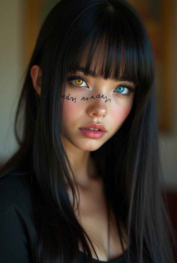 The beautiful 1 French fashion model has heterochromatic eyes.、The right eye is yellow and the left eye is blue.、On the right cheek of the face「Madly」It is written in white、Beautiful straight long hair、 With seductive eyes, Indoors、French setting