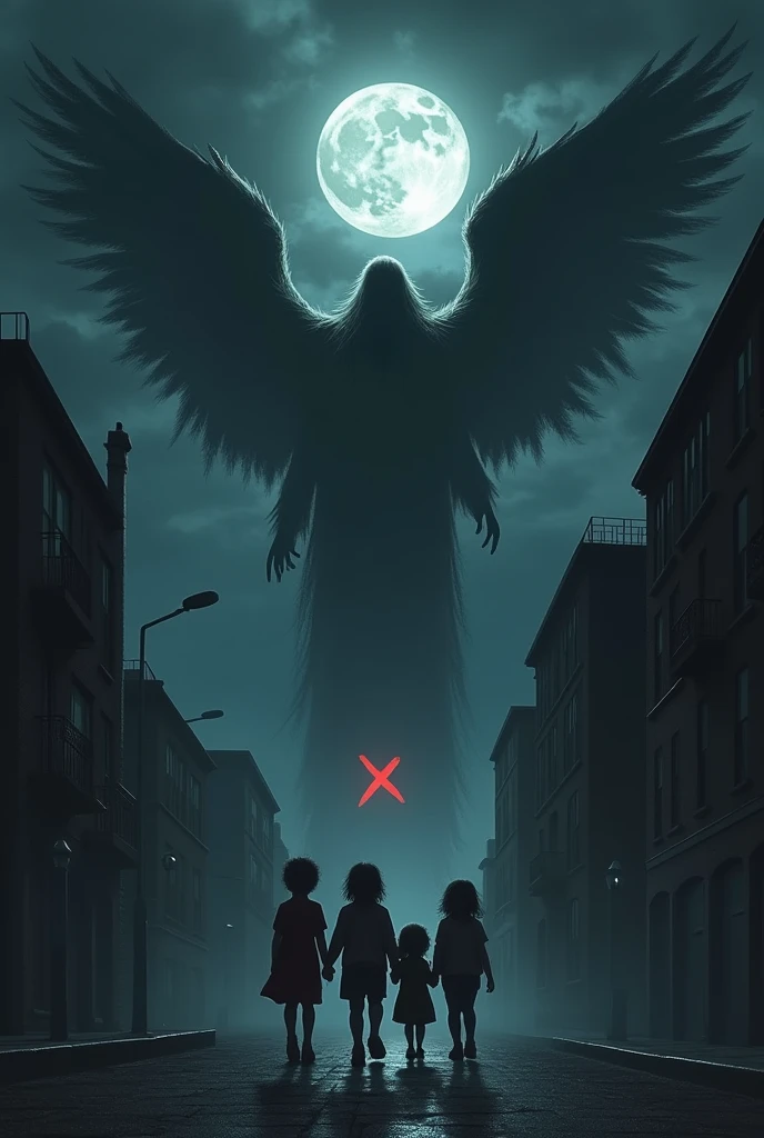 Make a dark night of full moon, an angel in the sky running after and looking at a small red X in the sky, make it scarier and 3 scared kids in the city the X on top prft but make the angel higher up and faceless make the angel flying behind the X
