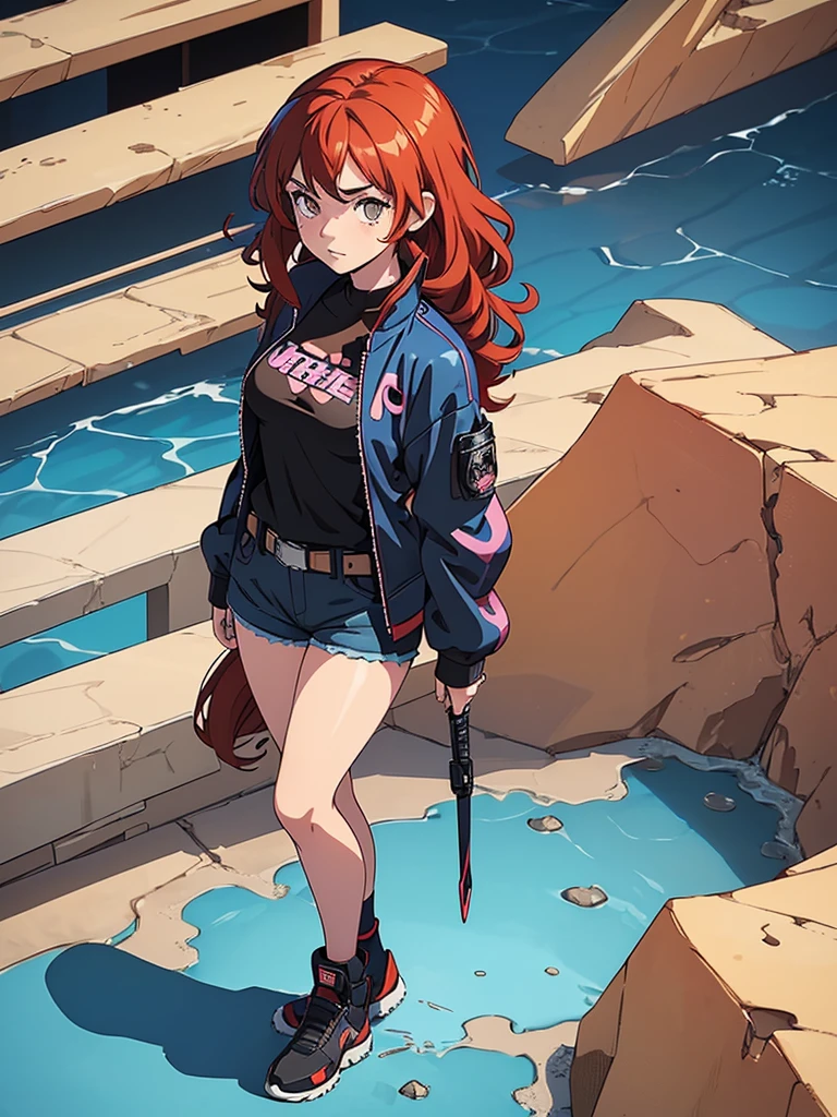 (masterpiece), (best quality), ((one girl)),alone, red hair,((brown eyes)),curly hair, anime style, freckles, (mall breast, (petite figure), blue and black cyberpunk jacket, shorts, legs, long T-shirt, ((desert background)) 