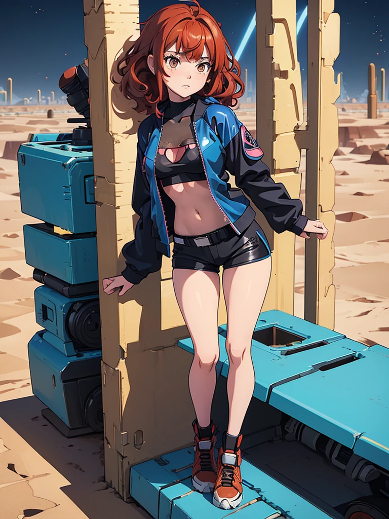 (masterpiece), (best quality), ((one girl)),alone, red hair,((brown eyes)),curly hair, anime style, freckles, (mall breast, (petite figure), blue and black cyberpunk jacket, shorts, legs, long T-shirt, ((desert background))