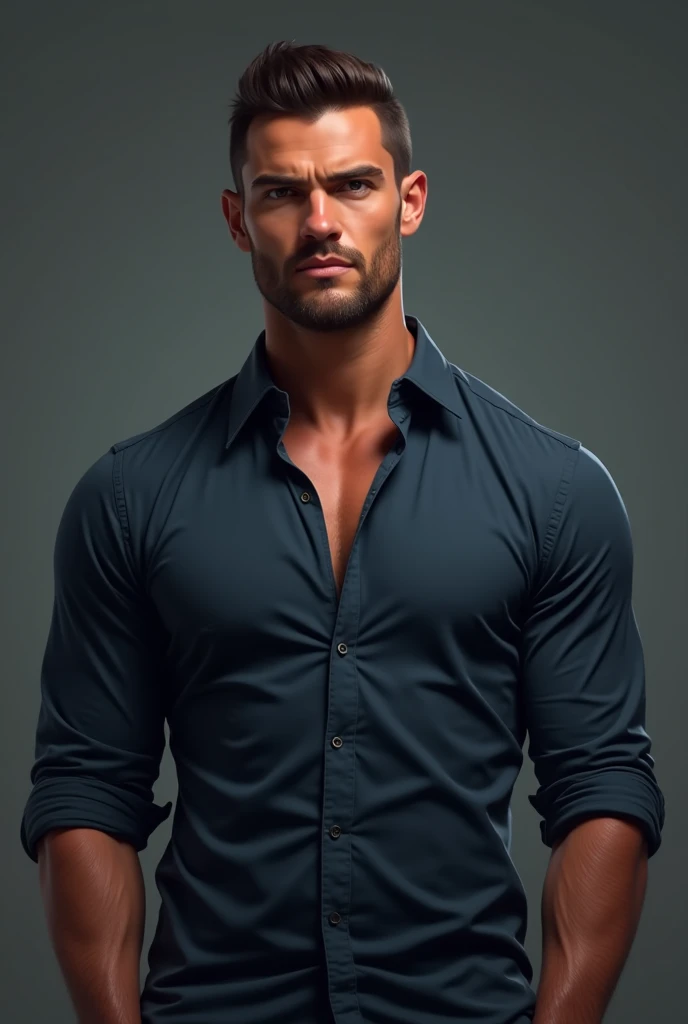 Brutal, handsome man, 4, dark tan skin, clear face, 180 cm tall, crew cut dark brown hair, dark blue shirt, realistic