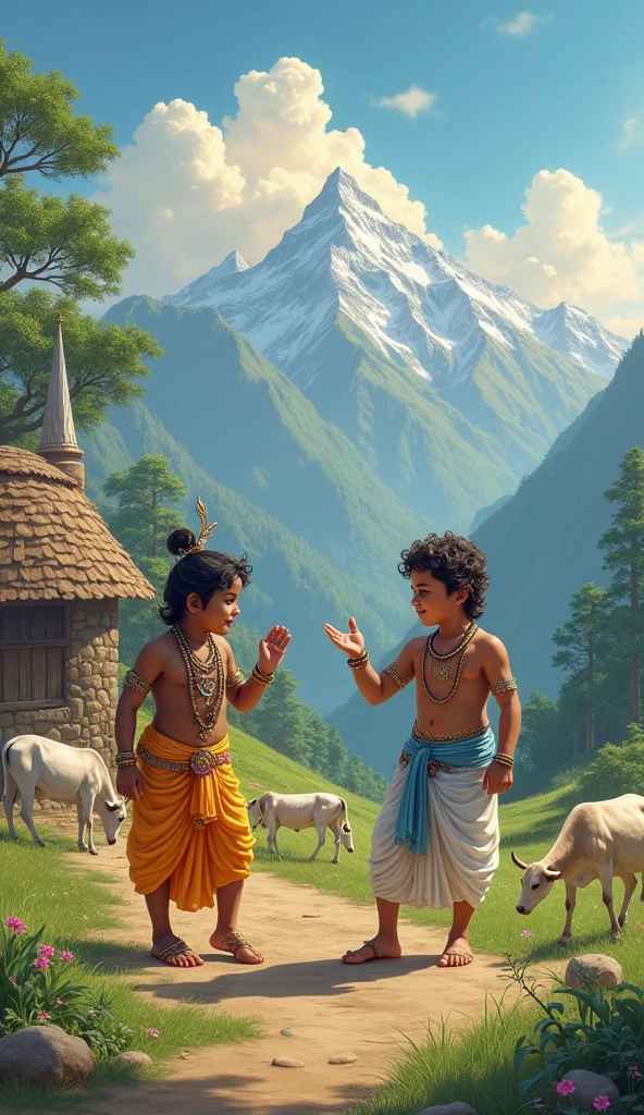 Lord Krishna & balarama playing near mountain and cow shed