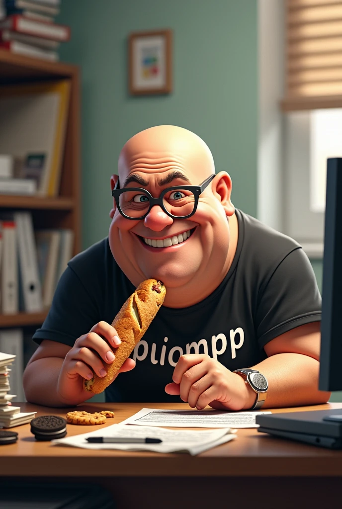 white male, aged 50, baldie, fatter, cheeky, wrinkled face, wearing glasses, eating baguette with ham, leaning against a cluttered computer desk, stacks of papers, Oreo crumbs and cookies. Wearing a black shirt with the phrase APOIOMPF