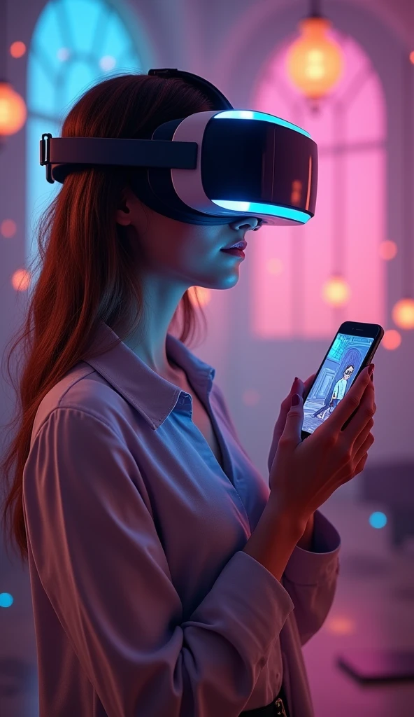 woman holding a phone with a picture of a go on a date in the background, virtual reality, detailed photo of virtual world, wearing vr goggles, virtual reality headset, vr goggles, wearing vr glasses, wearing a vr headset, digital reality, wearing a vr-headset, using a vr headset, unreal engine ; romantic theme, vr headset, virtual metaverse room, vr googles