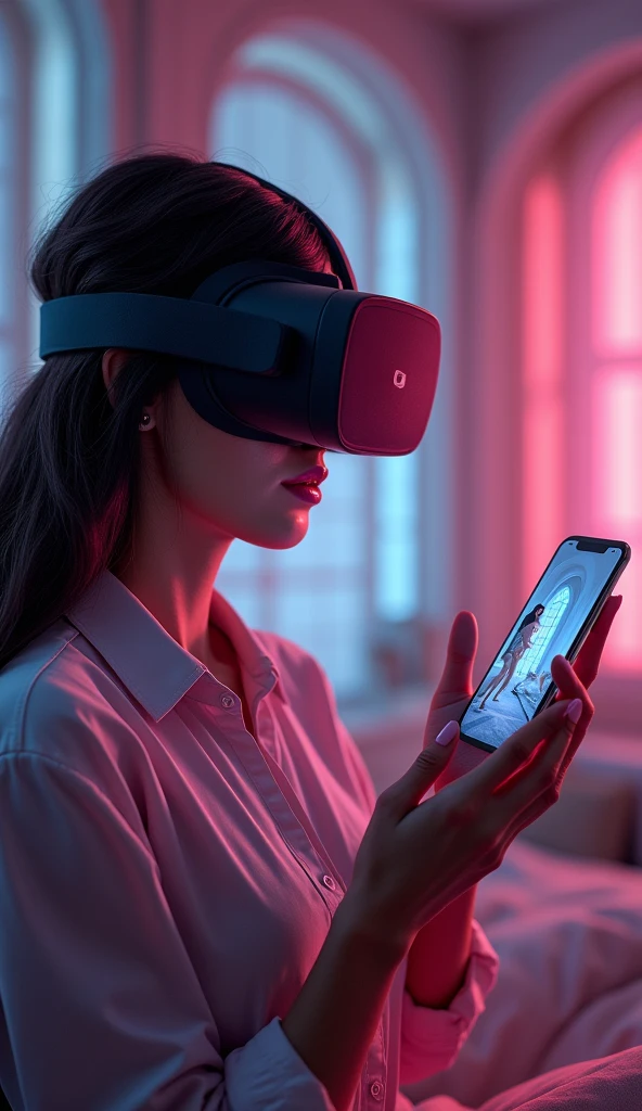 woman holding a phone with a picture of a go on a date in the background, virtual reality, detailed photo of virtual world, wearing vr goggles, virtual reality headset, vr goggles, wearing vr glasses, wearing a vr headset, digital reality, wearing a vr-headset, using a vr headset, unreal engine ; romantic theme, vr headset, virtual metaverse room, vr googles