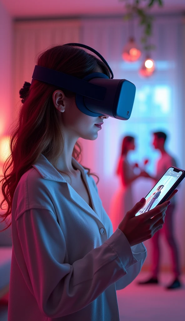 woman holding a phone with a picture of a go on a date  in the background, virtual reality, detailed photo of virtual world, wearing vr goggles, virtual reality headset, vr goggles, wearing vr glasses, wearing a vr headset, digital reality, wearing a vr-headset, using a vr headset, unreal engine ; romantic theme, vr headset, virtual metaverse room, vr googles