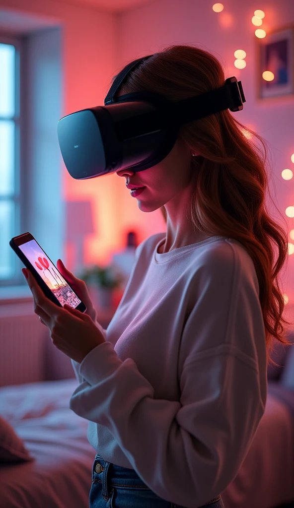 woman holding a phone with a picture of a go on a date in the background, virtual reality, detailed photo of virtual world, wearing vr goggles, virtual reality headset, vr goggles, wearing vr glasses, wearing a vr headset, digital reality, wearing a vr-headset, using a vr headset, unreal engine ; romantic theme, vr headset, virtual metaverse room, vr googles