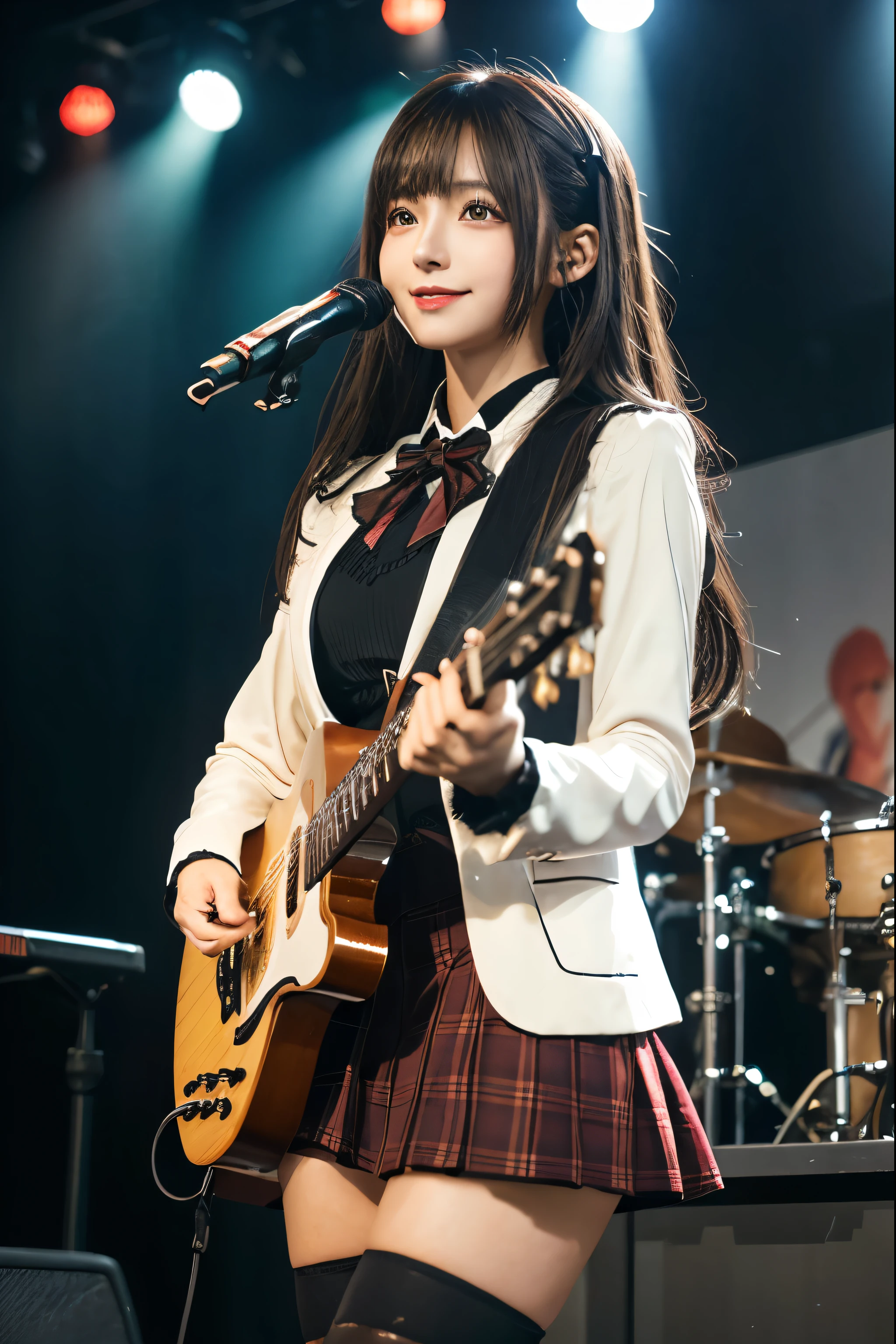 High school girl blazer、uniform、Red checked knee-length skirt、Long skirt、JK Style、Jacket、smile、Knee-high socks、Thigh-high socks、pantyhose、Extremely beautiful、Super cute、ennui、Rare Beauty、Dark black eyeshadow、sad、Skin radiance、Long Hair Straight Hair、Dark Gothic Makeup、Dark Smile、Fragrant beauty、Stained glass background、masterpiece、Highest quality、See 5 books、Sweat glistening on my chest、Sweat glistening on the face、Small breasts、2、Slightly slim、Mysterious look、Sad look、Mysterious Gothic Church、enchanting castle、Excessive sweating all over the body、Sweat dripping down thighs, shining in the light、Shiny thighs、Thighs、Sweat on thighs, shining brightly、sweat profusely、gal、Small breasts、Japanese face、Captivating look、Thin Thighs、play the guitar、I have a guitar、Enthusiastic singing、play the guitar in a band、Playing guitar chords、Background of the live music venue、Sing a song、Open your mouth、Scenery of a live music venue、Mike stand、Glamorous live stage、Dynamic Angles、Vivid straight long hair、delicate straight hair、