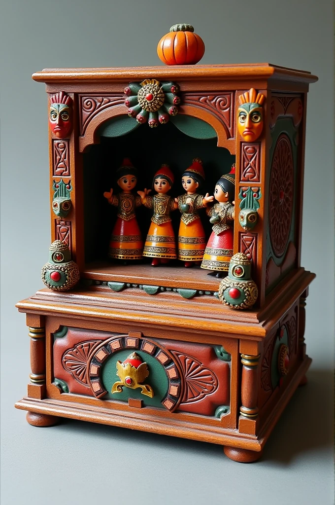 Bolivian moving musical jewelry box that is rectangular in shape The exterior is sculpted to imitate a miniature dance stage, with a lid on The lid of the box features a relief scene of a traditional Bolivian dance. Imagine figures of dancers in colorful costumes, like those of the Diablada dance, with embossed details that show the costumes rich in embroidery and ornaments.
The dancers are surrounded by decorations representing elements of the Oruro Carnival., like masks and pompoms, carved in wood or painted ceramic.