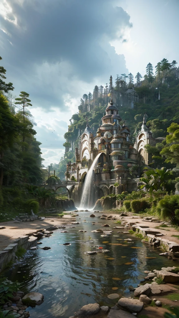 A ancient city reclaimed by the forest, crumbling stone walls and towers peeking through a sea of dense vegetation. Once splendid castle and temples, now just vine-covered rubble and moss-laden ruins poking above the treetops. Intricate stonework barely visible under thick creeping ivy and moss. Empty streets and alleys totally obscured by huge gnarled roots and flowering creepers. Crumbling statues of kings and queens stand weathered and worn, as squirrels and birds nest atop their heads. A gentle stream trickles through the cracked central plaza, waterfall cascading through where majestic palace once stood. Only bats reside here now, roosting in the damp catacombs beneath temples. Birdsong and rustling leaves have replaced hymns and human voices. The mighty walls that once protected now gradually decaying as the forest reclaims its land. This drowned city a relic of a lost people, slowly being enveloped forever in the embrace of the woodland realm.