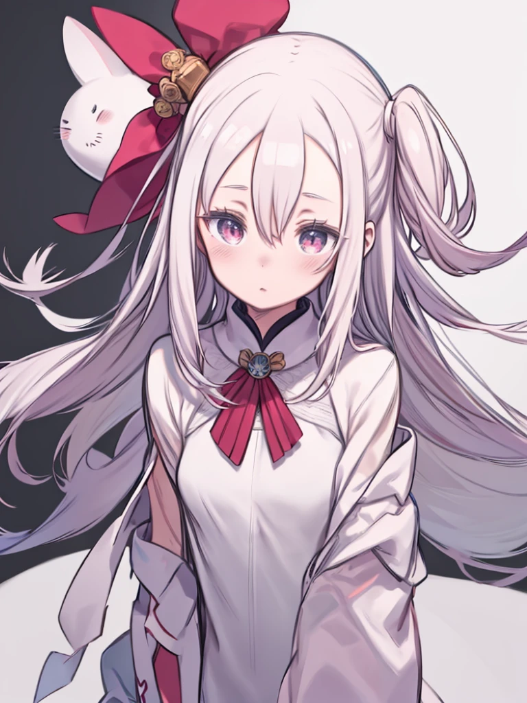 Image of a girl with long white hair and red eyes. She is wearing a pink scarf、She is holding a white cup with a red heart on it.. The background is pink、On the left there is a little white rabbit.. is blushing、There are two small lines on the right side of the image, May indicate excitement or surprise.