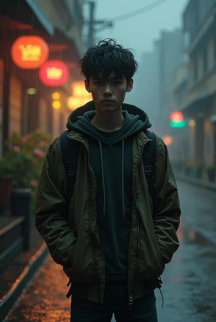 A teenager stands in the rain with a jacket 
