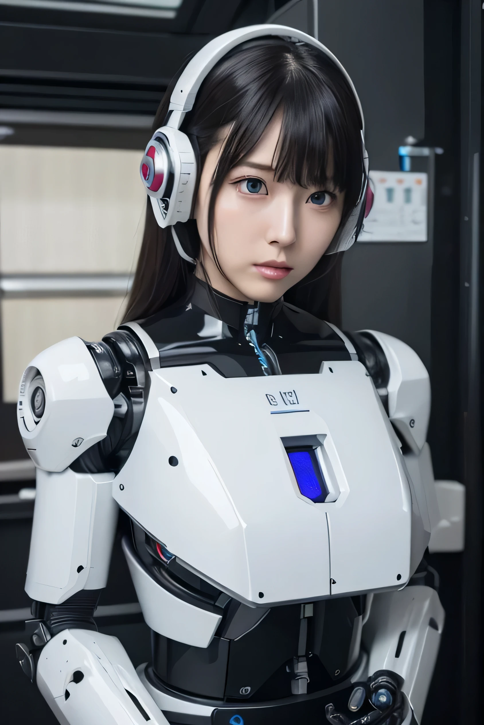 masterpiece, best quality, extremely detailed,  Japaese Cyborg girl,Plump , control panels,android,Droid,Mechanical Hand, Robot arms and legs, Black Robot Parts,Black hair,Mechanical body,Blunt bangs,White robotics parts,perfect robot girl,long tube,thick cable connected her neck,ceramic body ,mechanical body, mechanical ear cover, mechanical costume,android,robot,humanoid,cyborg,japanese android woman ,mechanical chest,blue eyes,future laboratory,connecting a cable between the legs,blank eyes,hypnosis