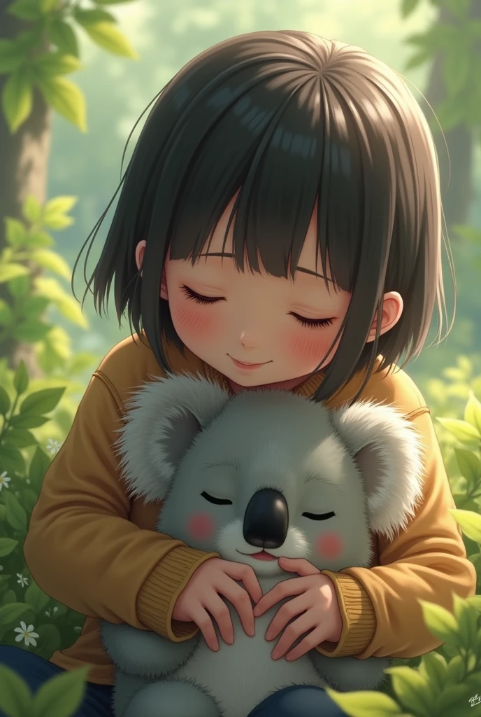 A small koala on the lap of a Japanese ager