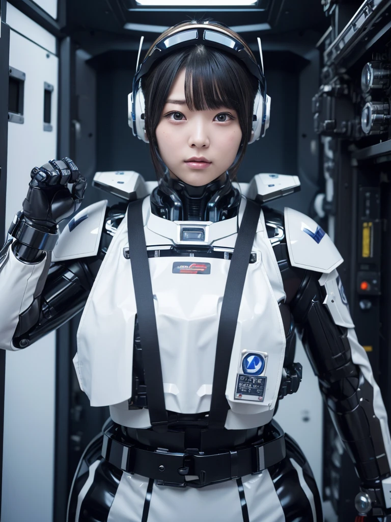 masterpiece, Highest quality, Very detailed,Portraiture, Japanese Android girl,Plump,Slightly thicker,Control panel,robot arms,robot,Android,cyborg,white robot body,Blunt bangs,robot repair plant,The spaceship's cockpit,Harness Belt,headset,Helmet