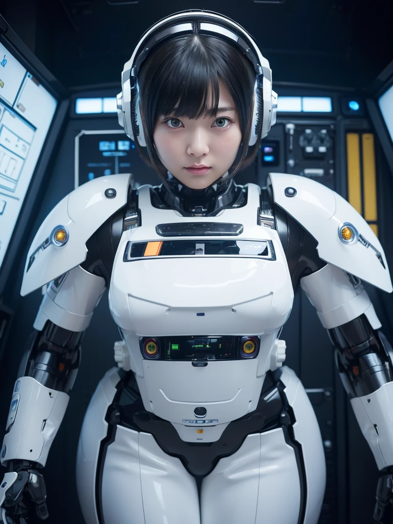 masterpiece, Highest quality, Very detailed,Portraiture, Japanese Android girl,Plump,Slightly thicker,Control panel,robot arms,robot,Android,cyborg,white robot body,Blunt bangs,robot repair plant,The spaceship's cockpit,Harness Belt,headset,Helmet