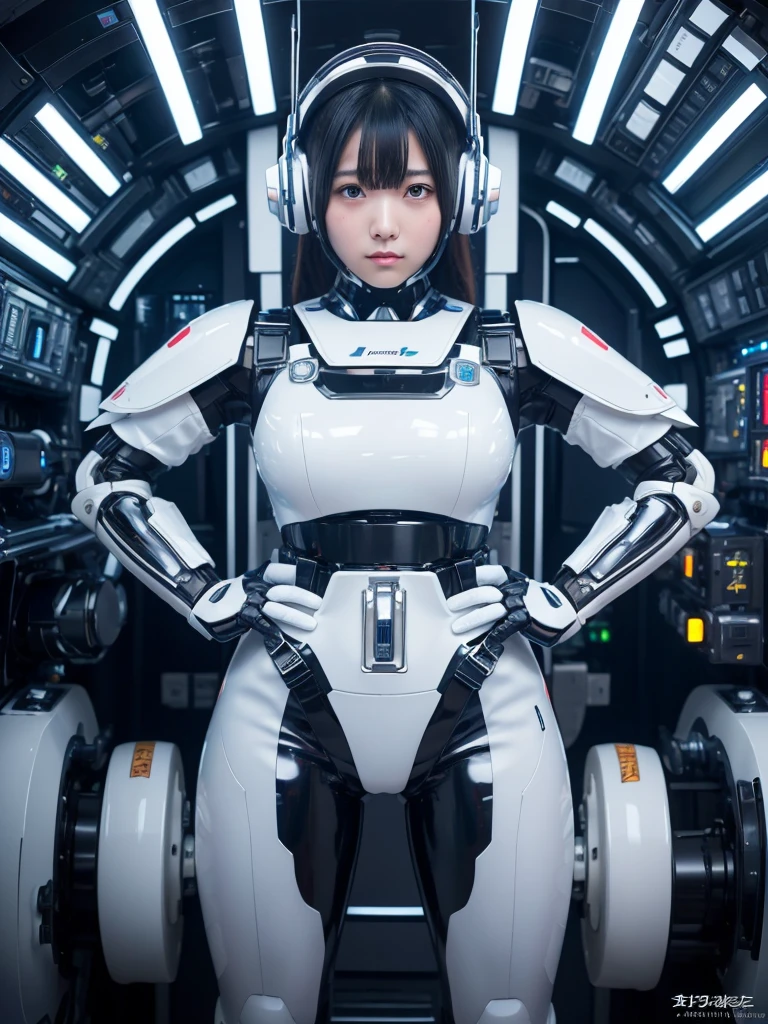 masterpiece, Highest quality, Very detailed,Portraiture, Japanese Android girl,Plump,Slightly thicker,Control panel,robot arms,robot,Android,cyborg,white robot body,Blunt bangs,robot repair plant,The spaceship's cockpit,Harness Belt,headset,Helmet