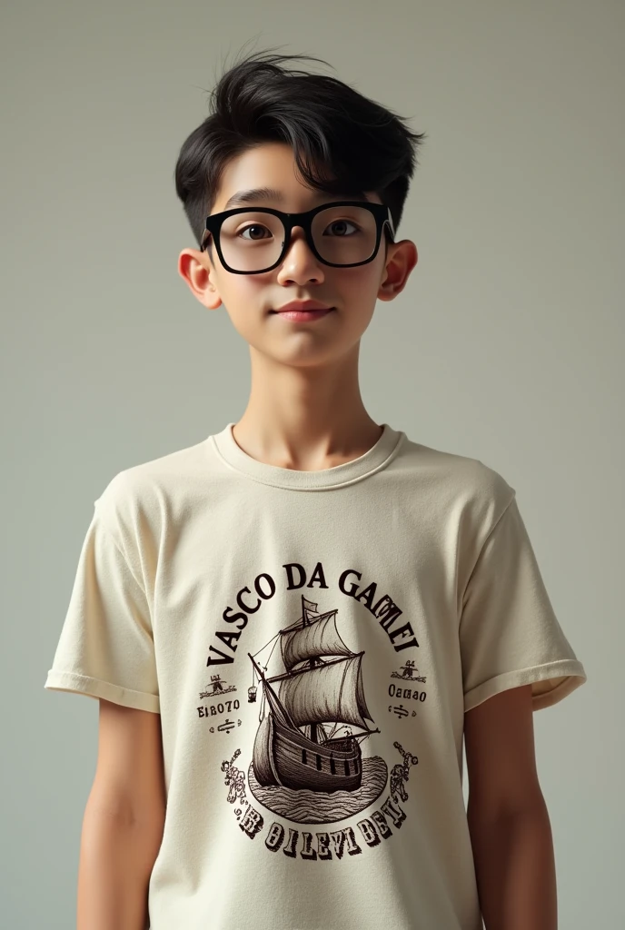 Generate the image of a guy with glasses wearing a Vasco da Gama shirt and is thin