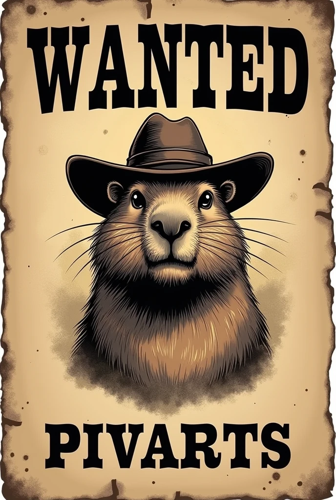 Logo design featuring a mischievous capybara with an old West hat, vintage Western-style "Wanted" poster aesthetic, sepia-toned color palette, weathered texture resembling aged paper, hand-drawn illustration techniques typical of early 20th century movie posters, rustic wood-carved font for "PIVARTS" text, limited color scheme with faded blacks and earthy browns, slightly distressed edges and corners, subtle halftone dot pattern for shading, classic Western typography with serifs and decorative flourishes, balanced composition centering the capybara character, nostalgic 1940s-1950s Hollywood Western promotional material look, incorporating subtle humor in the capybara's expression while maintaining period authenticity.