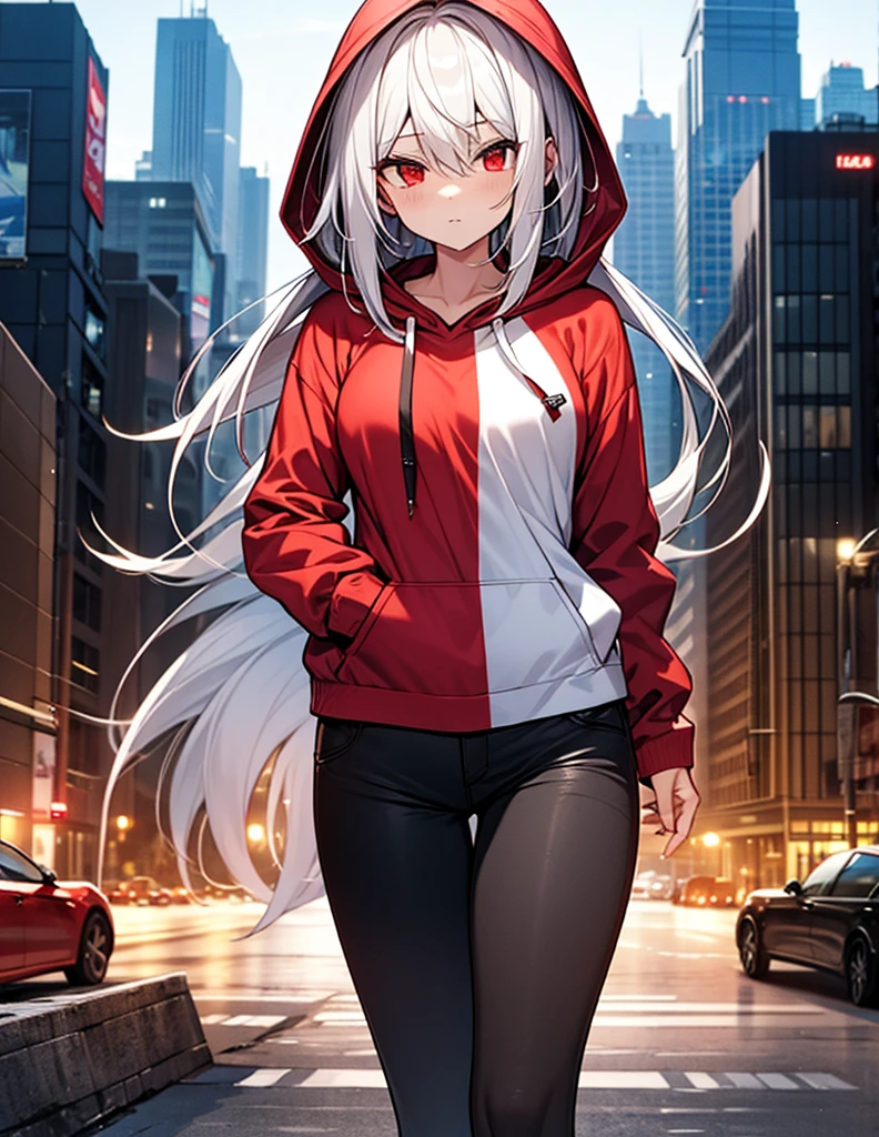 Highest quality　White Hair　Red eyes　White hoodie　Wearing a hood　Night city background　Looking at this　whole body　woman　Long Hair　