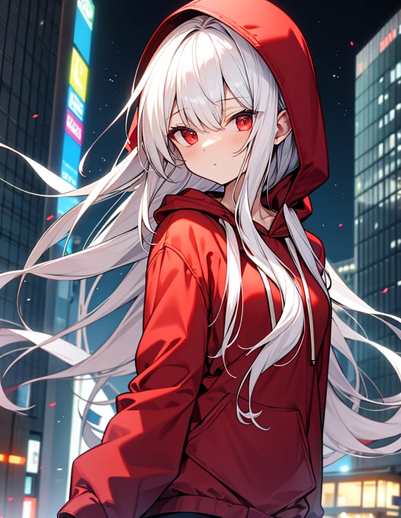 Highest quality　White Hair　Red eyes　White hoodie　Wearing a hood　Night city background　Looking at this　whole body　woman　Long Hair　