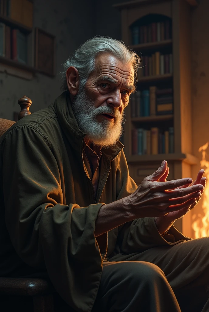 With the same context, show us an old man telling a story of how the world ended like this