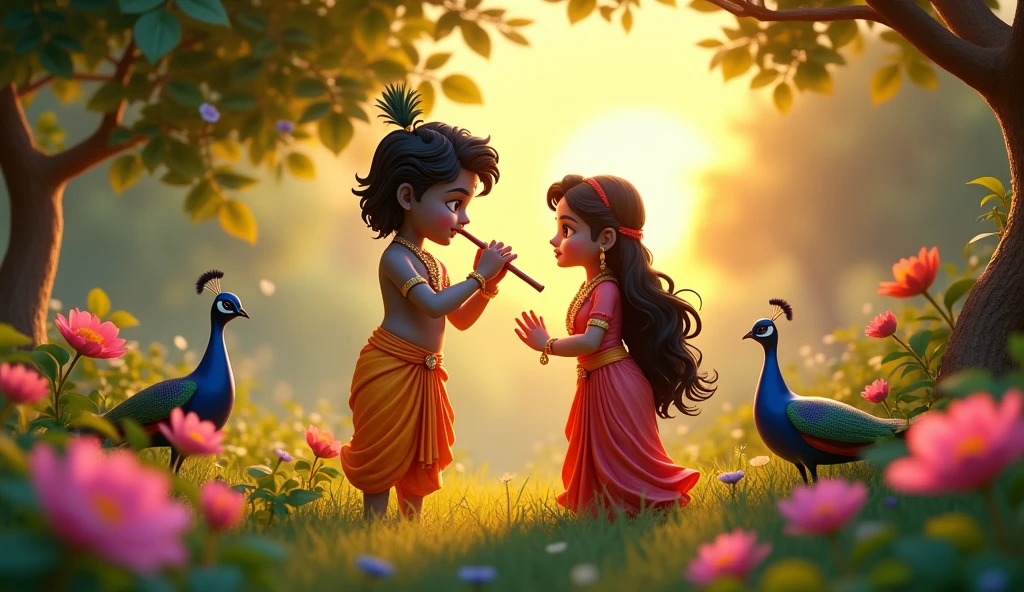 "Create a serene, romantic scene of Krishna and Radha in the Vrindavan forest. Krishna is playing the flute, while Radha listens, surrounded by lush greenery, flowers, and peacocks. The atmosphere should be peaceful, with a golden sunset casting a warm glow over the scene."3d cartoon