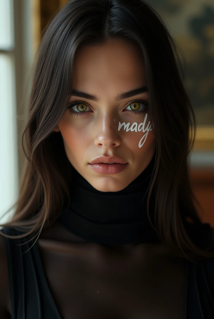 The beautiful 1 French fashion model has heterochromatic eyes.、The right eye is yellow and the left eye is blue.、On the right cheek of the face「Madly」It is written in white、Beautiful straight long hair、 With seductive eyes, Indoors、French setting