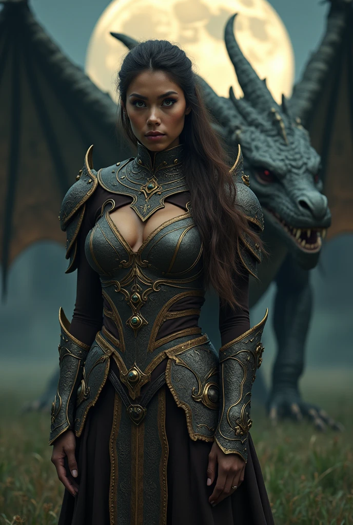 Beautiful and detailed warrior woman with Mediterranean features and dark skin.、、Full-length portrait、Side shot slightly turned towards the camera.、Wide shot、((She wears leather and metal armor inlaid with precious stones that reveal part of her sensual body and poses with an imposing and enormous dragon behind her.:1.4))、(In a gloomy environment with a huge full moon.:1.5))、Ideal body type、Large and perfect breasts、Small and detailed waist、Exquisitely detailed butt、Beautifully detailed crotch、Exquisitely detailed thighs、Beautifully detailed green eyes、Beautiful face、Captivating and mischievous gaze、Long, flowing brown hair、(without clothes), Ultra-compact、8K、Hyper-realistic、Dramatic lighting, chiaroscuro, dramatic atmosphere, elegant, functional, individual, photorealistic, awards, Exquisite details, volumetric lighting, vibrant colors, cinematic, masterpiece.