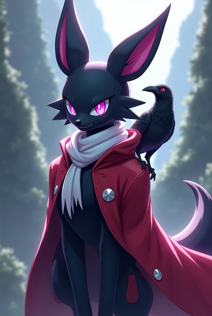 Pokémon Lucario, black fur, purple eyes, white scarf, red coat, crow pet on the shoulder