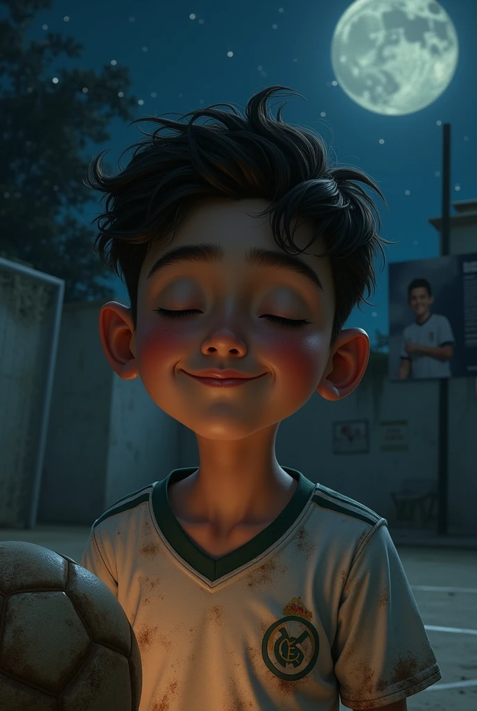 Close-up of Elkin: with eyes closed, her face illuminated by the moonlight. A smile appears on his lips as he imagines dribbling between rival players in a packed stadium..
around: The dirt court, with the lines barely visible, is under a starry sky. A worn-out soccer ball rests at his feet.
Details: In the background, A worn Real Madrid poster stuck to a tree. The ball might have patches and his shirt is dirty from playing..