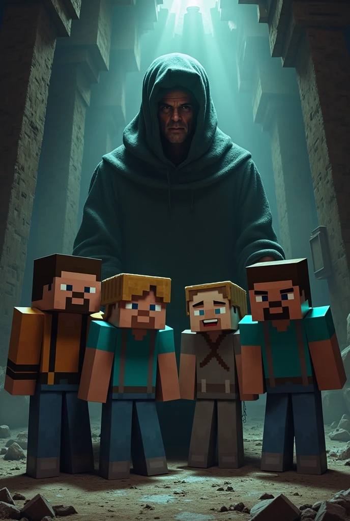 4 characters from the Minecraft game being enslaved by a player who thinks he&#39;s God with the name TOMAM behind

