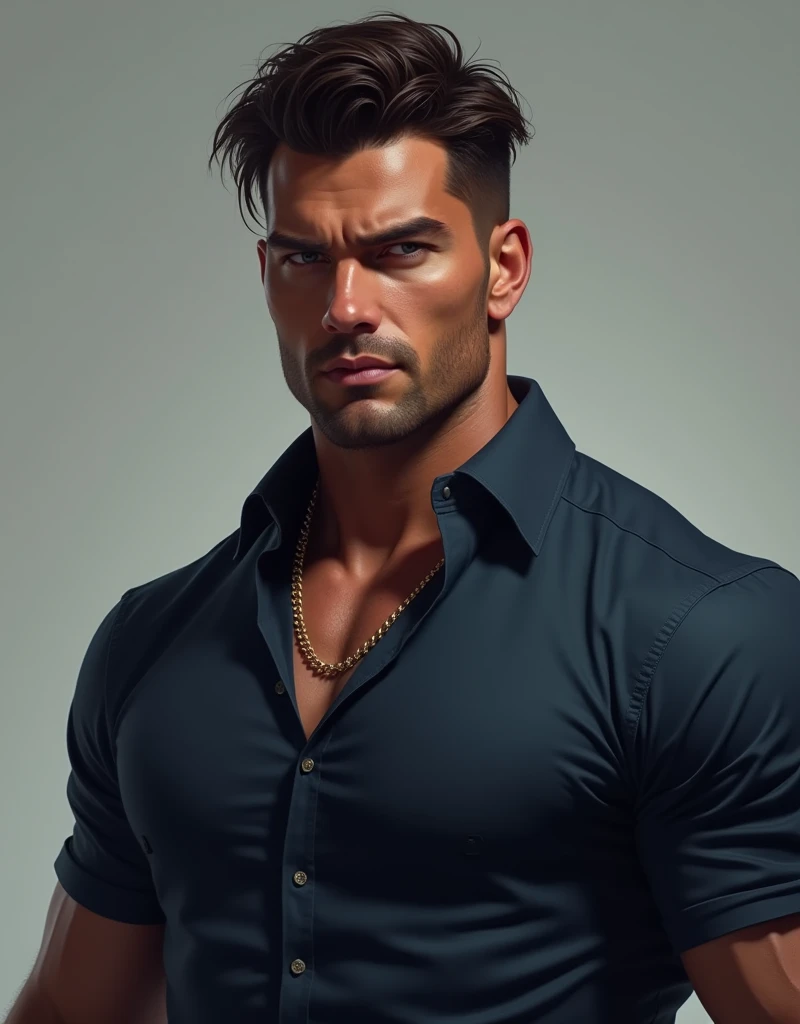Brutal, handsome man, 4, dark tan skin, clear face, 180 cm tall, crew cut dark brown hair, dark blue shirt, realistic 