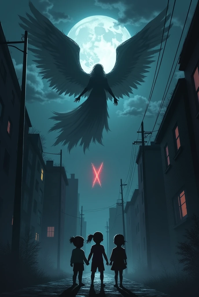 Make a dark night of full moon, an angel in the sky running after and looking at a small red X in the sky, make it scarier and 3 scared children in the city the X on top prft but make the angel be further away from the children and the small X much further away