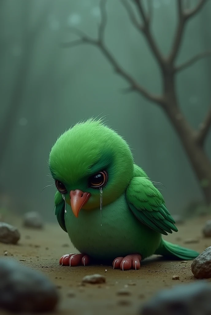 Green bird crying on the ground
