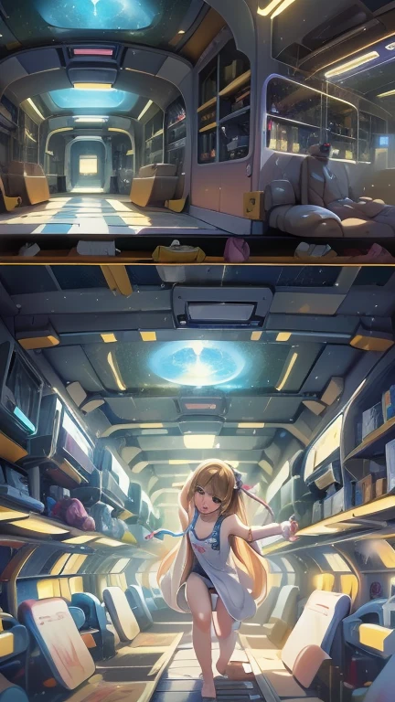 Fantasy，8k,Very detailed, masterpiece,High resolution,Highest quality,Increase the resolution,Cinema Lighting,Different space，4D World，Night on the Galaxy Express，cyber-，Light blue body，Train-shaped spaceship，Steam locomotive type spaceship，Controlled by a nuclear fusion reactor，30-car train、Running in space，Many Stars，Many galaxies，milky way，Cruising at the speed of light，Seeing the Earth in the distance，Super Express，You can see the Andromeda galaxy，Wide viewing angles，vision，Floating in the air，In the dazzling light，Very colorful，All vehicles are visible，Cars lined up in an S-shape，Rail of light，Colorful Cloud Nebula，The whole universe shines blue，,(alone, ),(Thin woman:1.2),(Beady Eyes),(Hollow Eyes),(Light brown hair),(Slender body),(Show off your ribs),(experience an orgasm),(Preteen),(Small breasts)，(Flat Chest),(Ahegao),(Ecstasy),(sexual excitement),(BDSM),(A white one-piece dress that lets your skin show),(Harness),(constrained),(Hands tied),(Tied up and unable to move),(masochism),(eroticism),(Both armpits are visible),(Hands behind head),(Sexually assaulted),(Paper Panties),(Paper Bra)，There is a white liquid in a container at your feet.，Bathe your face with milk，Bathe your breasts with milk，Bathing your feet in milk，Sweating profusely，Bleeding from the stock，Young body，low length，Drooling，