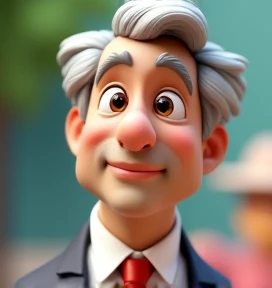 Create a Disney Pixar-style, 3D character of a 6 man, brown eyes, short gray hair, with a normal mouth, a big, airy nose, thick eyeshadows, wearing dress clothes