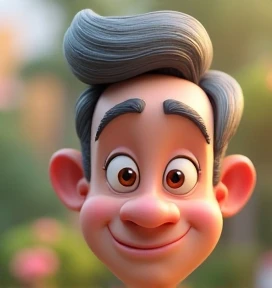 Create a Disney Pixar-style, 3D character of a 6 man, brown eyes, short gray hair, with a normal mouth, a big, airy nose, thick eyeshadows, wearing dress clothes