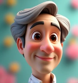 Create a Disney Pixar-style, 3D character of a 6 man, brown eyes, short gray hair, with a normal mouth, a big, airy nose, thick eyeshadows, wearing dress clothes