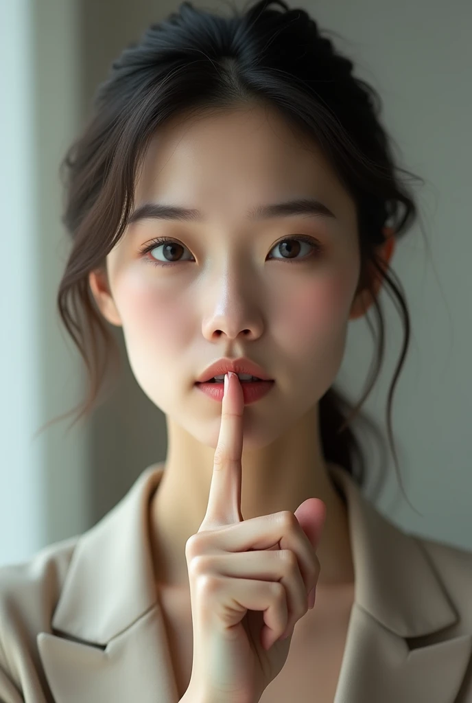 with a woman using her finger to symbolize silence