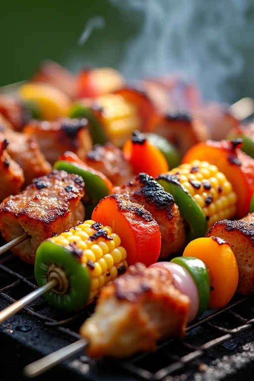 barbecue、ingredients、Colorful vegetables and meat、food、cooking、Juicy、corn、paprika、green pepper、onion、looks delicious、Clear images、thin flesh、Skewers