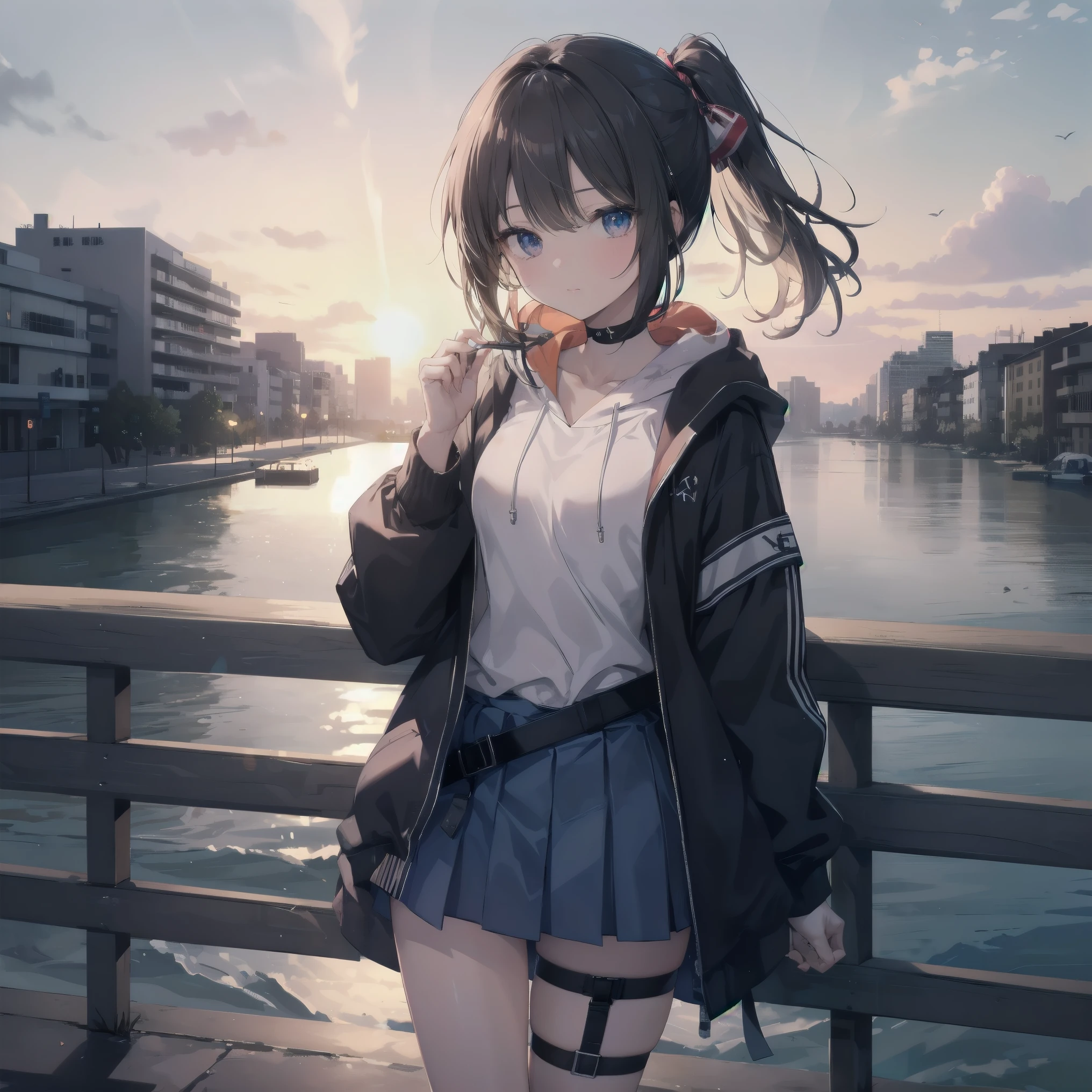 anime, Highest quality, masterpiece, High resolution, stylish, One person, , Short Bob, Weapons in one hand, Full Bang, Small breasts, Beautiful attention to detail, Food Up, hoodie, Ultra mini skirt, Pleated skirt, Thigh-high stockings, garter belt, In town, sunset, Outdoor, 非常にHigh resolution, so beautiful, 8k, cute