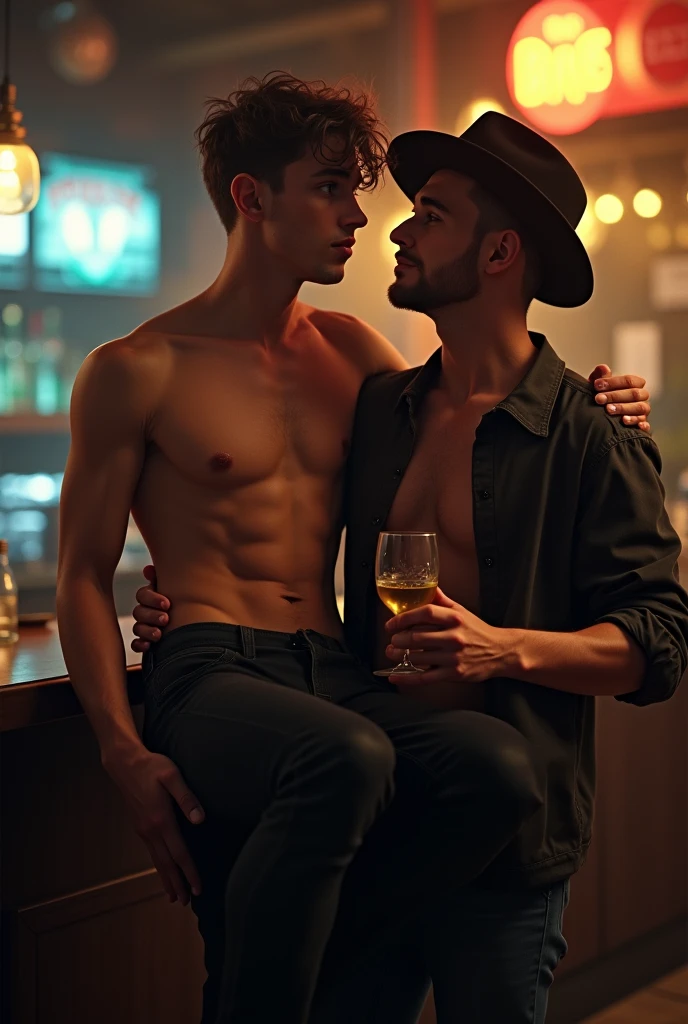 Young handsome white cute attractive man in a bar shirtless with a drink in his hand being lifted by a friend with a black hat and black clothes on his arm, carrying him to bed because his friend is already drunk