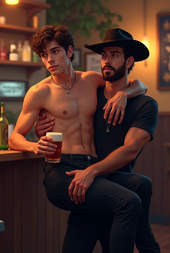 Young handsome white cute attractive man in a bar shirtless with a drink in his hand being lifted by a friend with a black hat and black clothes on his arm, carrying him to bed because his friend is already drunk