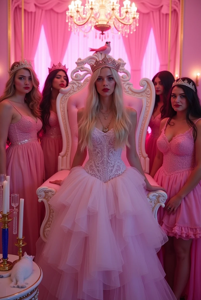 "A full-body shot of a post-party scene in a palace bathed in neon pink lighting. A drunken queen 1 with a careless expression, wearing a layered pink and white dress (predominantly pink), leans standing nonchalantly against an all-pink throne. Her rose-gold crown, adorned with pink crystals, is tilted slightly to the left on her head 1:1. A Queen 2 in a white dress, fairy1 in a sheer golden wet dress outfit, fairy 2 in a tight dress, King 1 in a medieval chlothes, King 2 in a medieval blouse and trousers. A white cat lounges on an extra-small pink sofa 1:1, while a pink bird perches atop the throne. The scene includes a messy gothic princess striking a pose, her long light blonde hair flowing over her shoulders, with a smudged red lipstick on her cheek and black mascara tears streaming down her face. She is dressed in a white lace silk gothic dress with many layers, embodying a beautiful yet disheveled ice queen. The environment exudes a chaotic medieval fantasy vibe, with a white intricate throne and a pink crystal chandelier hanging from the ceiling. Blue crystal and gold gothic medieval five armed candlesticks sit on a white table, surrounded by crystal wine glasses—one tipped over and another half-full of wine. The entire setup is chaotic yet regal, capturing the essence of a wild and messy night in a fantastical gothic setting, illuminated by dynamic pink lighting and framed with the grandeur of medieval gothic style."