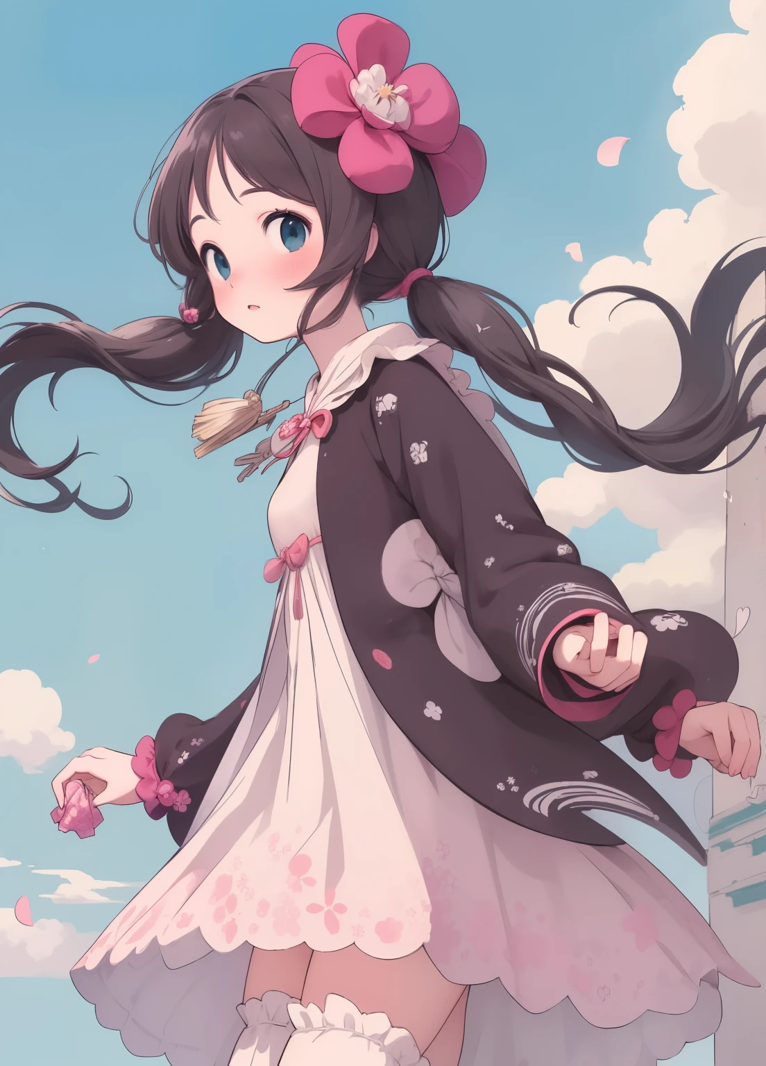 (masterpiece、Highest quality、Highest quality、Official Art、Beautiful and beautiful:1.2)、(One person:1.3)Hatsune Miku、Twin tails,Beautiful breasts, Katsushika Hokusai, 、Medieval dress with panniers、Fabric Realism、Low Angle、wear bloomers、You can see the drawer、Pull up the hem of your dress with your hands、Strong winds、blue sky